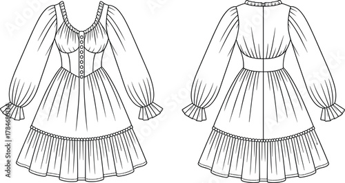 Vintage dress illustration, scoop neckline, button front, puff sleeves, ruffled cuffs, flared skirt, sewing pattern, garment flat, costume design artwork