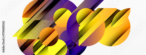 Abstract composition featuring overlapping circles, rectangles. Vibrant yellow, orange, purple hues create dynamic visual effect. Modern design.