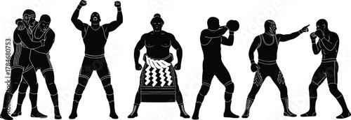 Combat sports silhouette set, boxing, sumo, wrestling, victory pose, confrontation, martial arts illustration, vector art, cultural diversity