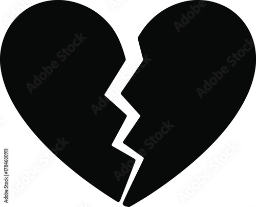 Broken heart black vector illustration symbol of sadness, lost love, heartbreak, emotional pain, loneliness, despair, grief, and romantic relationship breakup.