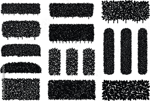 Bush and hedge vector illustration set, black silhouette collection of garden shrubs, landscaping elements, nature foliage design, decorative greenery 