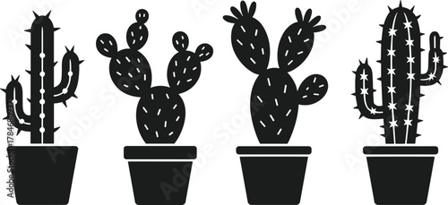 Cactus plants in pots vector illustration, desert succulent icons collection for home decoration, minimal flat design isolated on white background