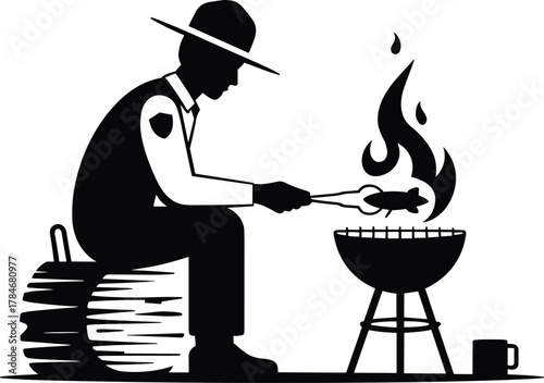 Camper grilling fish on outdoor barbecue vector illustration, camping man cooking food over fire, wilderness travel and adventure silhouette art design