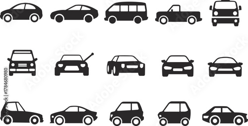 Collection of modern car silhouettes vector illustration set showing different vehicle types including sedan, van, truck, and compact car designs.