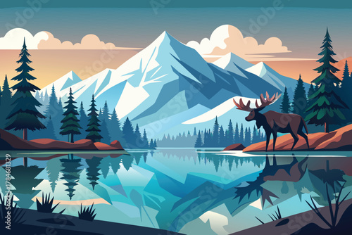 Denali Mountain Reflection Vector – Moose and Alaska Landscape Art