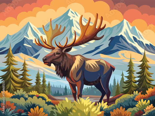 Young Bull Moose Vector Art – Denali National Park Wildlife Illustration