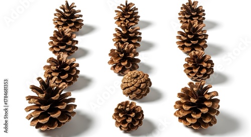 Pine cones arranged in rows studio shot on white perfect for holiday backgrounds