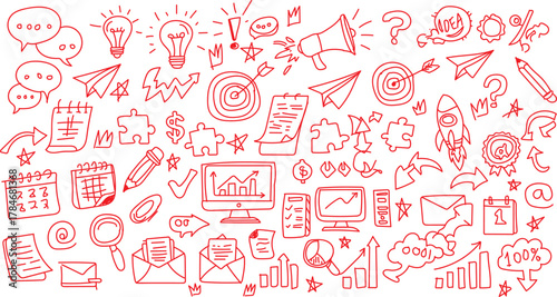 Business idea doodle collection with charts and icons A collection of red hand-drawn business doodles including charts, graphs, lightbulbs, and communication icons.