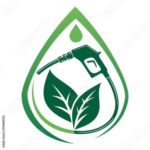 Green fuel nozzle and leaves logo representing sustainable energy