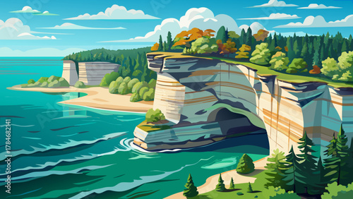 Very beautiful aerial view of Chapel Rock at Pictured Rocks National Lakeshore in Michigan, USA, featuring dramatic sandstone formations, turquoise lake water, lush forest edges, and a realistic 