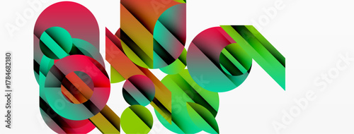 Abstract geometric shapes overlap, creating vibrant color gradients. Composition feels modern, dynamic, visually interesting.