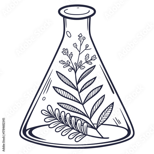 Hand drawn illustration of a plant inside a laboratory flask