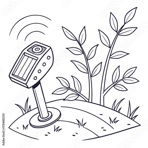 Cartoon illustration of a solar powered device in a garden emitting signals