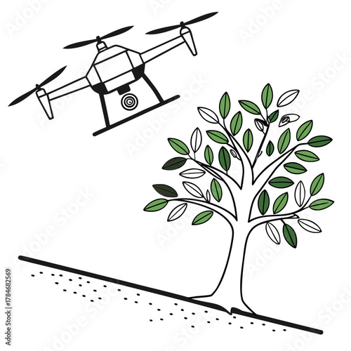 Drone flying over a tree on a hillside with soil