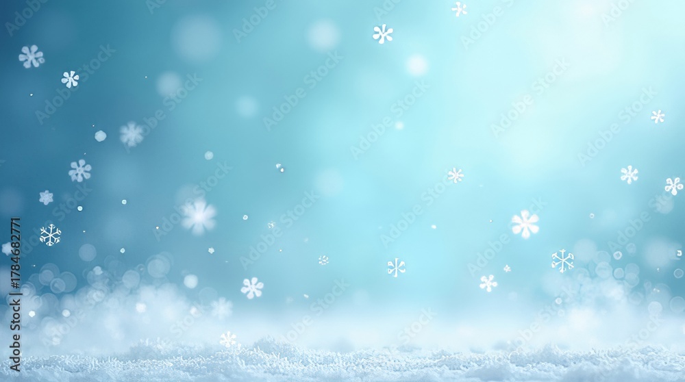 Fototapeta premium Snowy winter background with falling snowflakes and snowdrift on a blue gradient