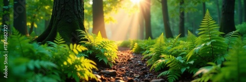 Soft morning light filters through lush ferns and moss along a forest track , fresh, trail