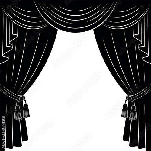 Black silhouette of luxurious curtains pulled open with tassel ties isolated on white background