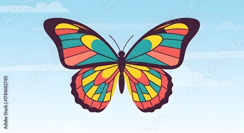 Colorful butterfly with geometric wings flying against a soft blue sky with clouds.