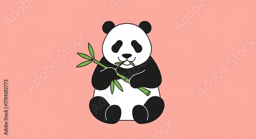Cute cartoon panda eating bamboo against a pastel pink background, adorable illustration.