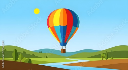 Vibrant hot air balloon floats over a scenic landscape with rolling hills and a winding river.