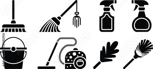 Cleaning tools vector illustration with broom, mop, vacuum cleaner, spray bottles, bucket, and dusters for household hygiene and sanitation concept.