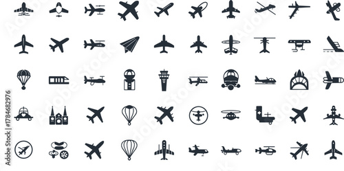 Collection of airplane, helicopter, and aviation vector icons showing aircraft, drones, airports, and flight symbols for travel and transportation design