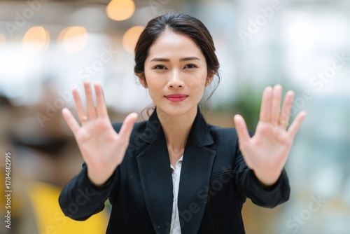 Businesswoman holding both hands open in front, signaling stop or asking for calm during discussion.