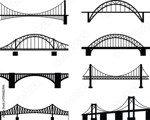 Collection of bridge silhouettes vector illustration featuring different bridge types including suspension, arch, truss, and cable-stayed engineering structures.