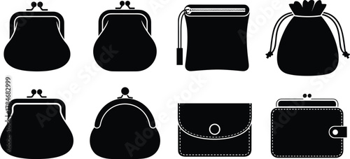 Collection of different purse and wallet silhouettes vector illustration, various small handbags, coin pouches, and money holders isolated on white background.