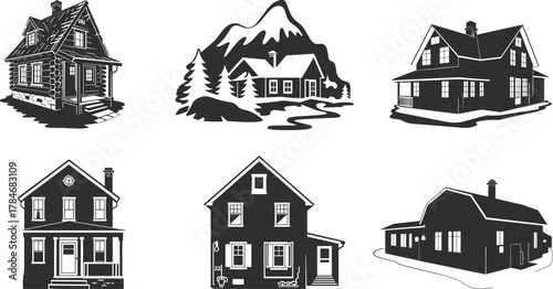 Collection of vintage house and cabin vector illustrations showing traditional homes, mountain cottages, and rural architecture in classic black silhouettes