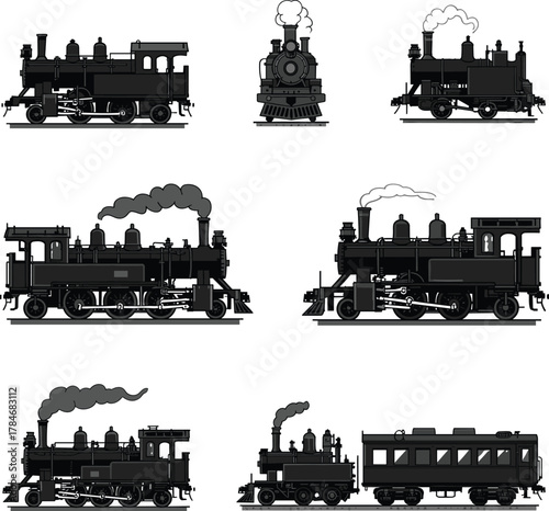 Collection of vintage steam locomotives vector illustration showing classic train engines, retro railway transport, industrial design elements, and historical travel art