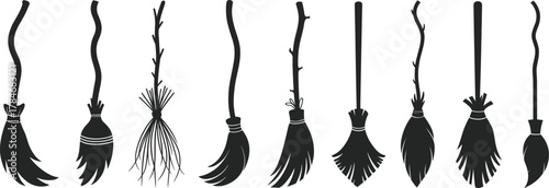 Collection of vintage witch brooms vector illustration showing magical tools, Halloween design elements, rustic sticks, and enchanted fantasy decoration icons