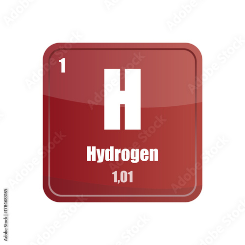Hydrogen chemical element tile. Atomic number one. H sign Vector icon. Red crimson square shape.