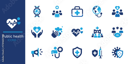 Public health icon set. Containing community health, disease prevention, health protection, medical services, health awareness, hygiene, handwashing and more. Solid vector icons collection.