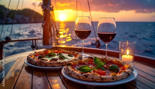 Fototapeta Naklejka Na Ścianę i Meble -  Candlelight auf einer Yacht bei Sonnenunztergang