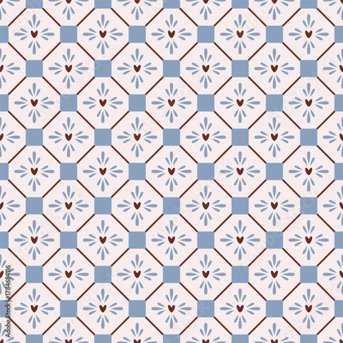 Preppy blue diamond heart geometric azulejos portugal seamless pattern textile wallpaper wrapping
