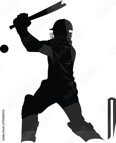 Cricket batsman hitting ball silhouette vector illustration, professional sports player action pose design, championship match concept for training and tournament artwork