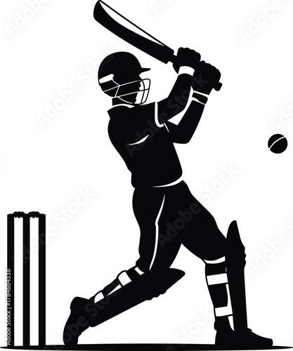 Cricket batsman hitting ball vector silhouette illustration showing player striking shot in action, professional sports concept for competition and training design