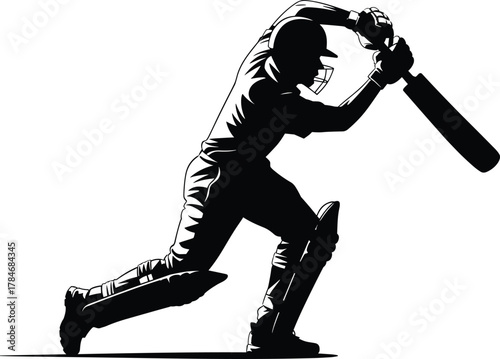 Cricket batsman silhouette vector illustration showing player hitting ball with bat during professional match, sports action, strength, focus, and performance concept
