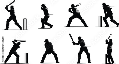 Cricket player batting silhouette vector illustration, sportsman hitting ball pose collection, professional athlete action design for tournament and training concept
