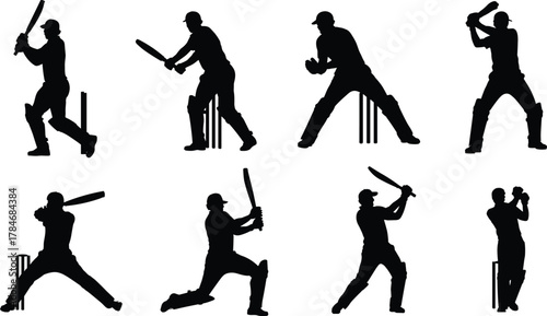 Cricket player silhouette collection vector illustration, batsman and fielder poses, professional sports action design for game, match, and competition concept