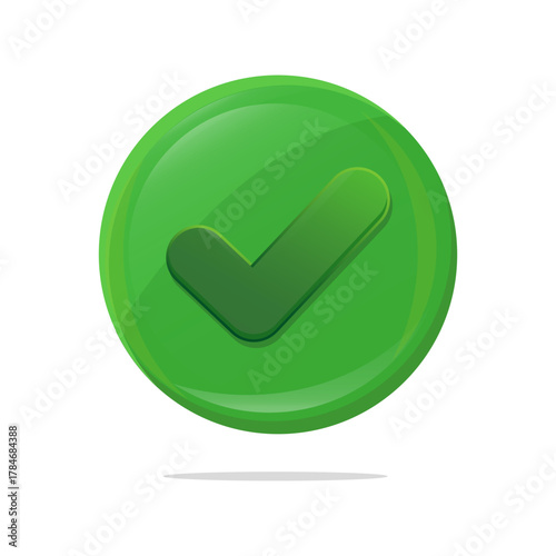 Green check icon. Approved decision vector. Shiny validation sign. Confirmation button.