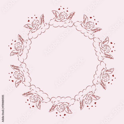 Cupid wreath frame on clouds with hearts Vector illustration for Valentine's Day designs Doodle drawing