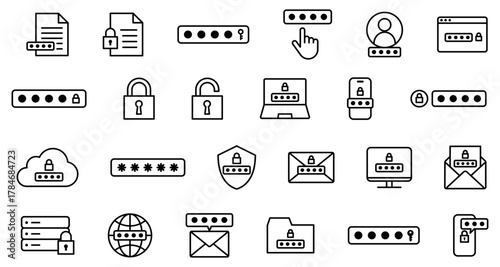 パスワード入力やセキュリティの編集可能な線画アイコンセット