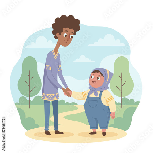 Two diverse people shake hands outdoors in a park with trees and clouds overhead during the day in a flat design illustration style