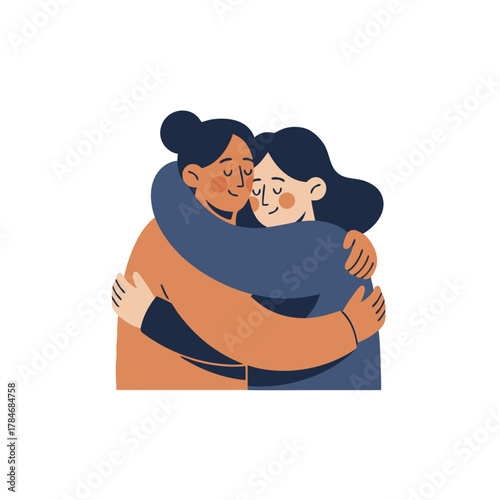 Two diverse women embracing warmly in a flat cartoon illustration style with warm colors conveying friendship and care