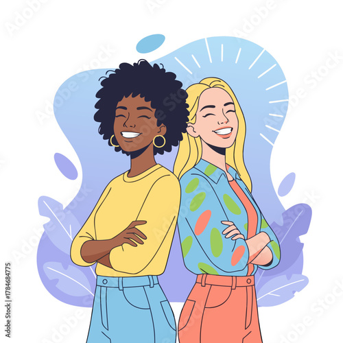 Two diverse women friends standing back to back smiling happily arms crossed wearing casual outfits with stylized leaves background and sunburst effect