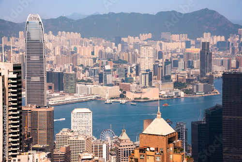 Canvas Print Hong Kong city view, skyscrapers and modern architecture from Victoria peak