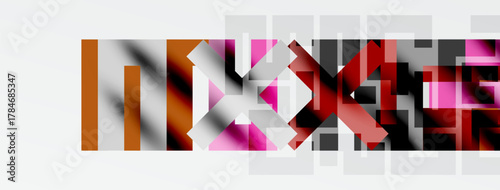 Abstract geometric composition. Rectangles overlap, creating dynamic visual effect. Colors include brown, pink, gray, white. Minimalist design.