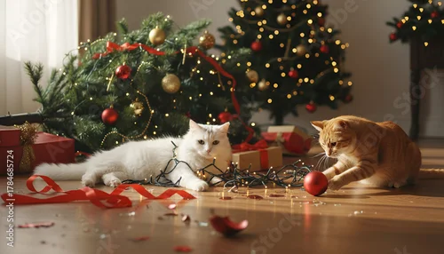 Fototapeta samoprzylepna Cats knocked over a Christmas tree, playing with balls and garlands. Broken toys are nearby.